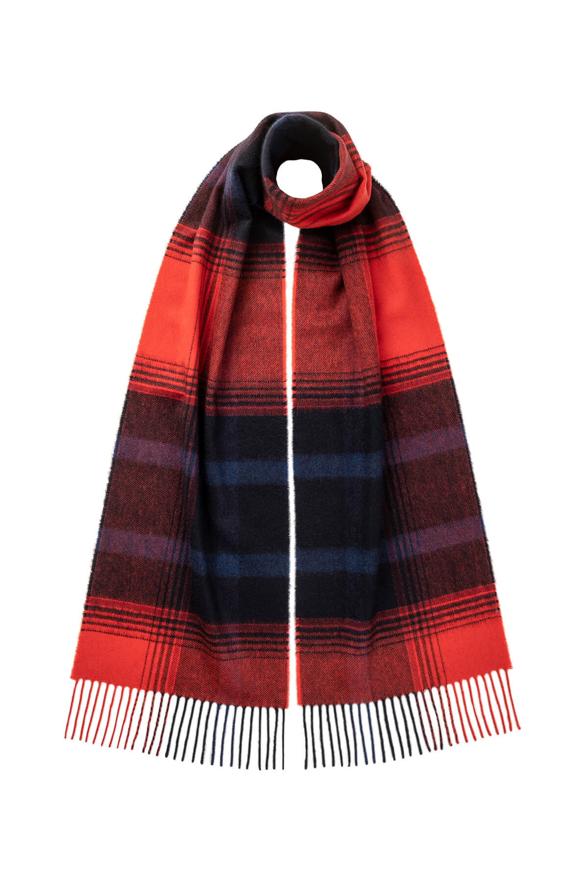 Johnstons of Elgin Asymmetric Check Cashmere Scarf in Red on a white background WA000016RU7319ONE