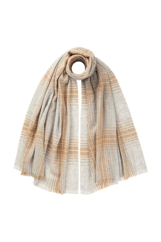 Johnstons of Elgin Donegal Ombre Check Cashmere Scarf in Camel on a white background WA001865RU7356ONE