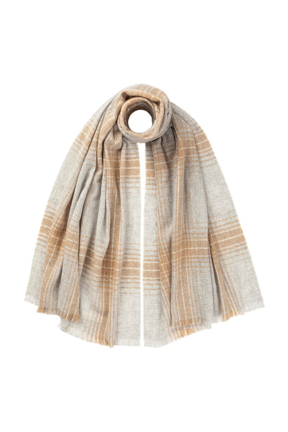 Johnstons of Elgin Donegal Ombre Check Cashmere Scarf in Camel on a white background WA001865RU7356ONE