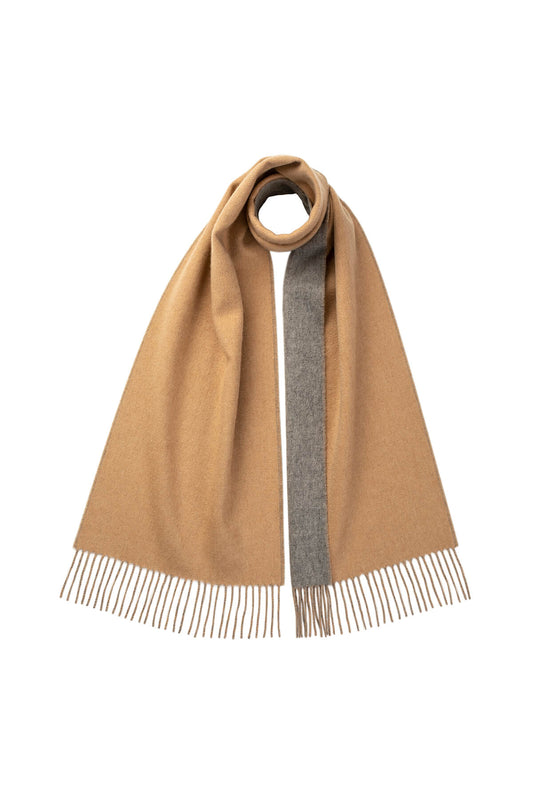 Johnstons of Elgin Reversible Cashmere Scarf in Camel & Light Grey on a white background WA000020RU7344ONE