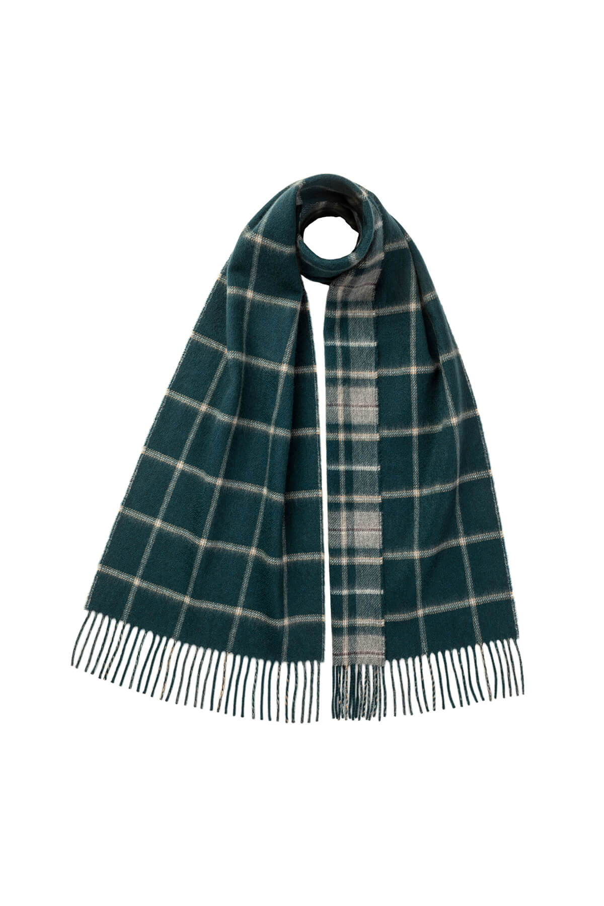 Johnstons of Elgin Sports Reversible Cashmere Scarf in Tartan on a white background WA000020RU7366ONE