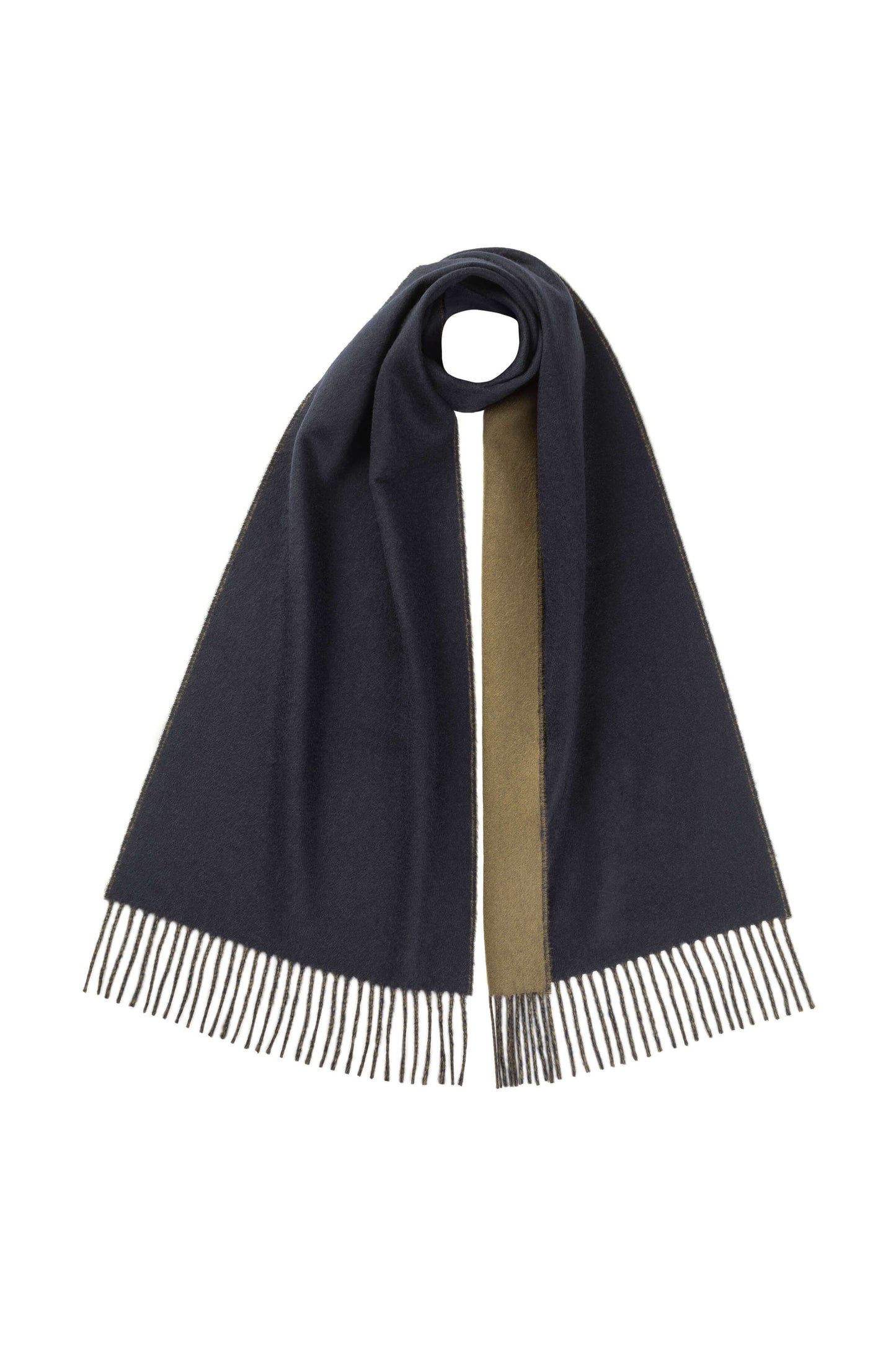 Johnstons of Elgin AW24 Woven Accessory Navy & Olive Contrast Reversible Cashmere Scarf WA000020RU7494ONE