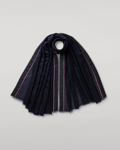 JOHNSTONS OF ELGIN IVES CHEVRON BORDER SCARF NAVY 100% CASHMERE   WA002446RU7699ONE