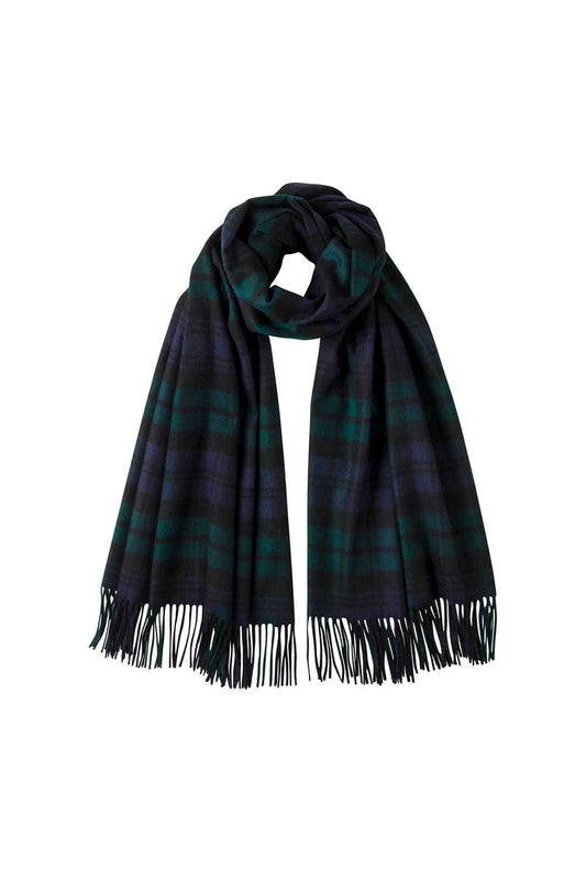 Johnstons of Elgin Tartan Cashmere Stole in Black Watch on a white background WA000056KU0317N/A