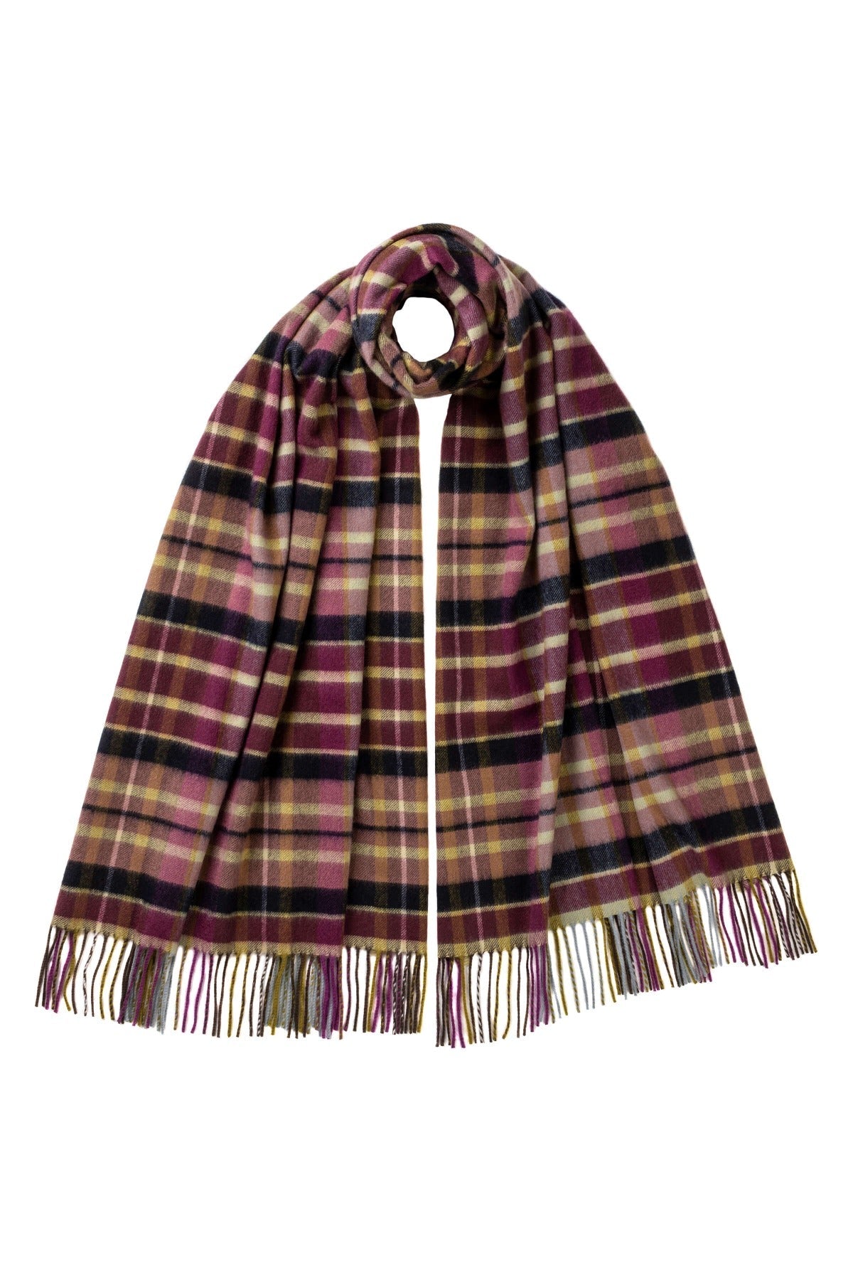Johnstons of Elgin Cashmere Stole in Moorland Thistle Check on a white background WA000056RU7187