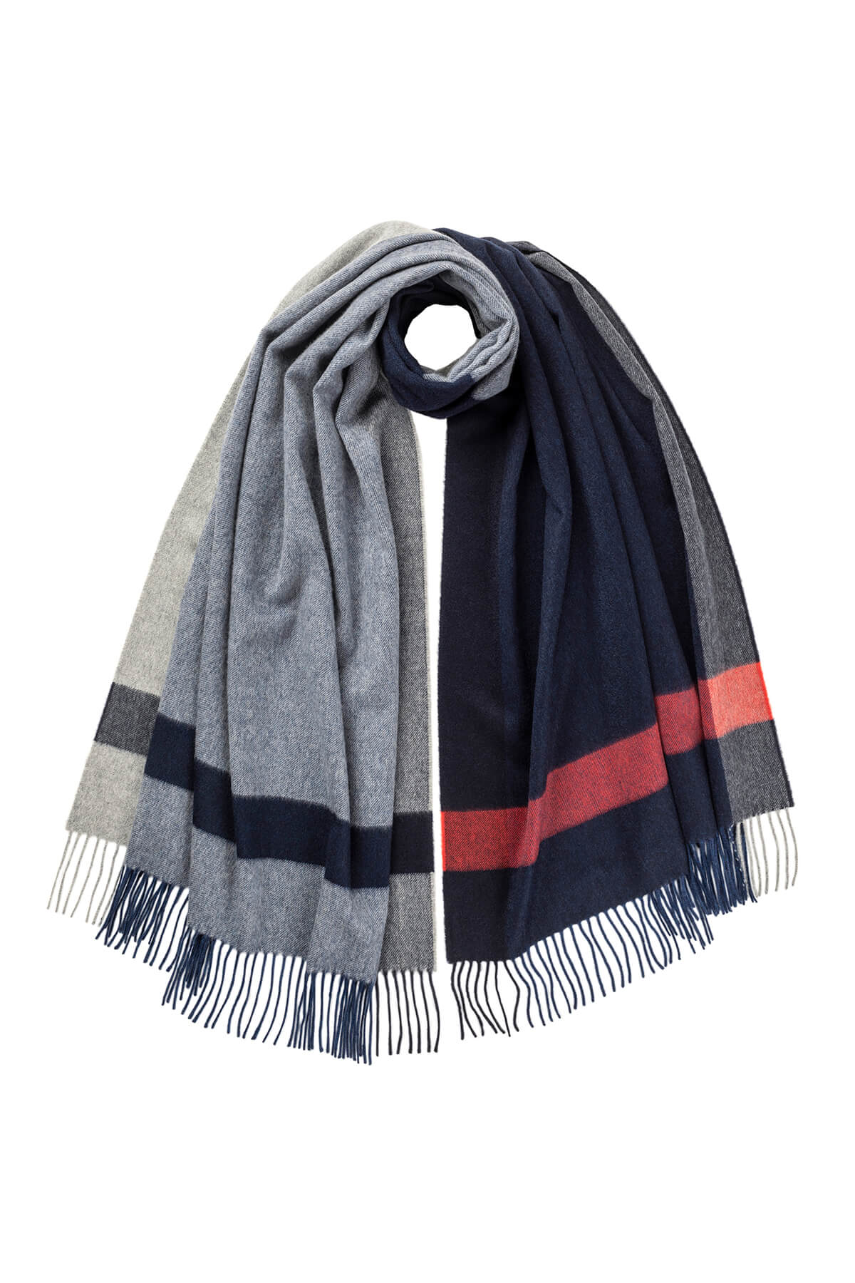 Johnstons of Elgin Colour Block Bordered Pure Cashmere Stole in Navy Check on a white background WA000056RU7305ONE