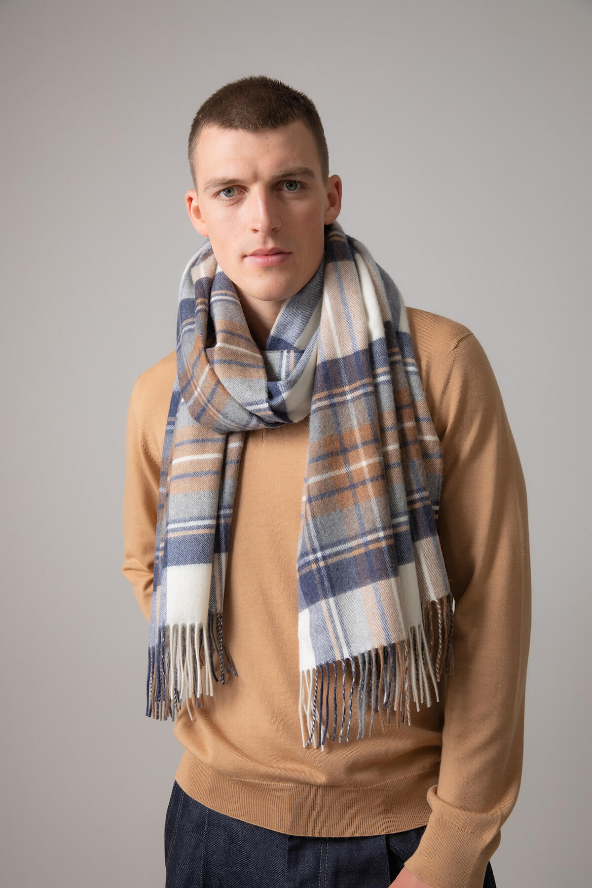 Muted Blue Dress Stewart Tartan Cashmere Stole Johnstons of Elgin