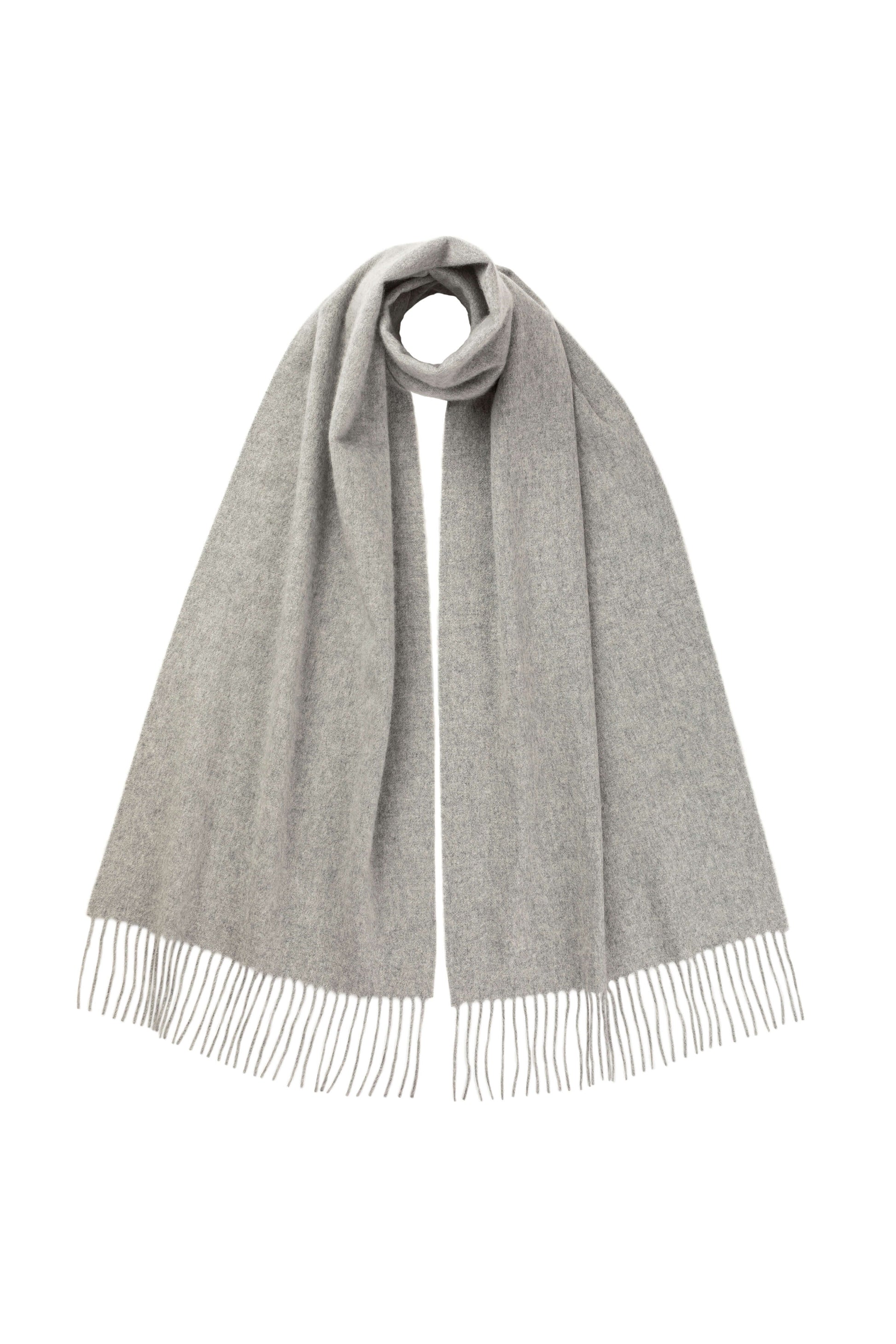 Johnstons of Elgin Ultrafine Merino Wool Scarf in Grey on a white background WDC01797HA0200ONE