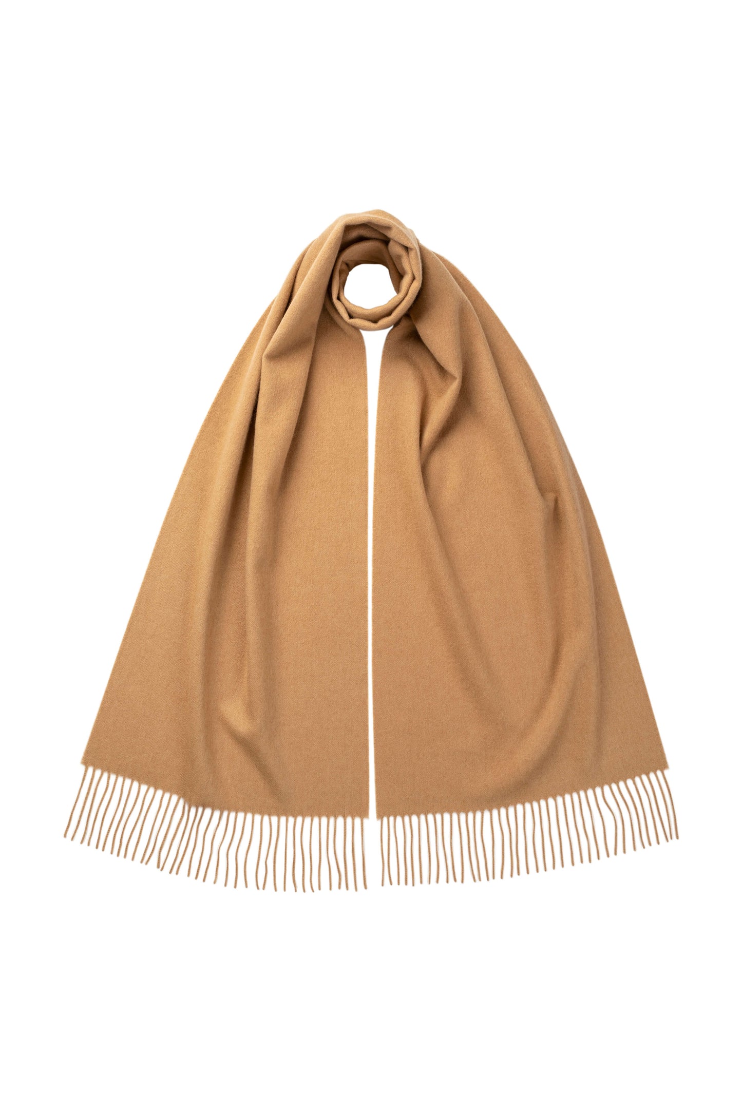 Johnstons of Elgin Oversized Cashmere Scarf in Camel on a white background WA000057HB4315ONE