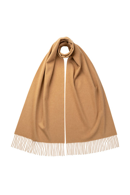 Johnstons of Elgin Oversized Cashmere Scarf in Camel on a white background WA000057HB4315ONE