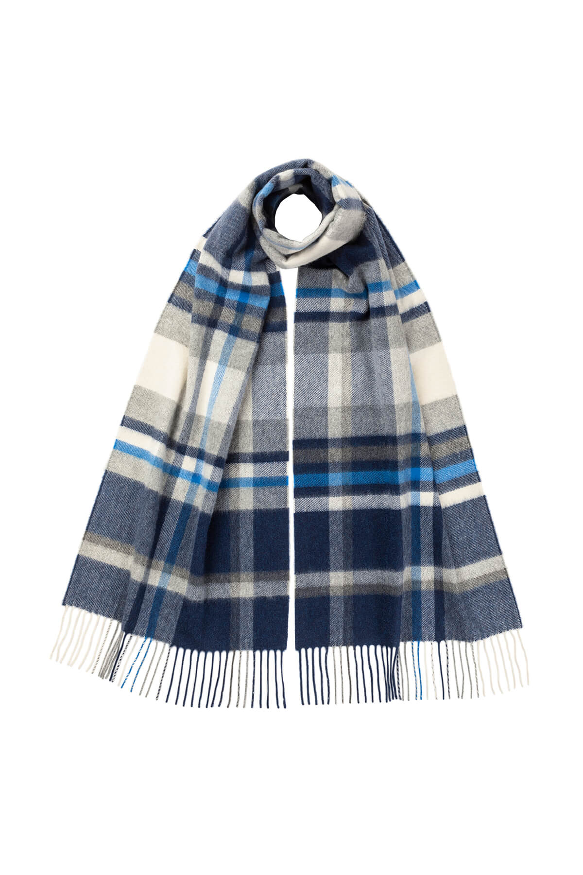 Johnstons of Elgin Cashmere Flannel Check Scarf in Blue on a white background WA000057RU7323ONE