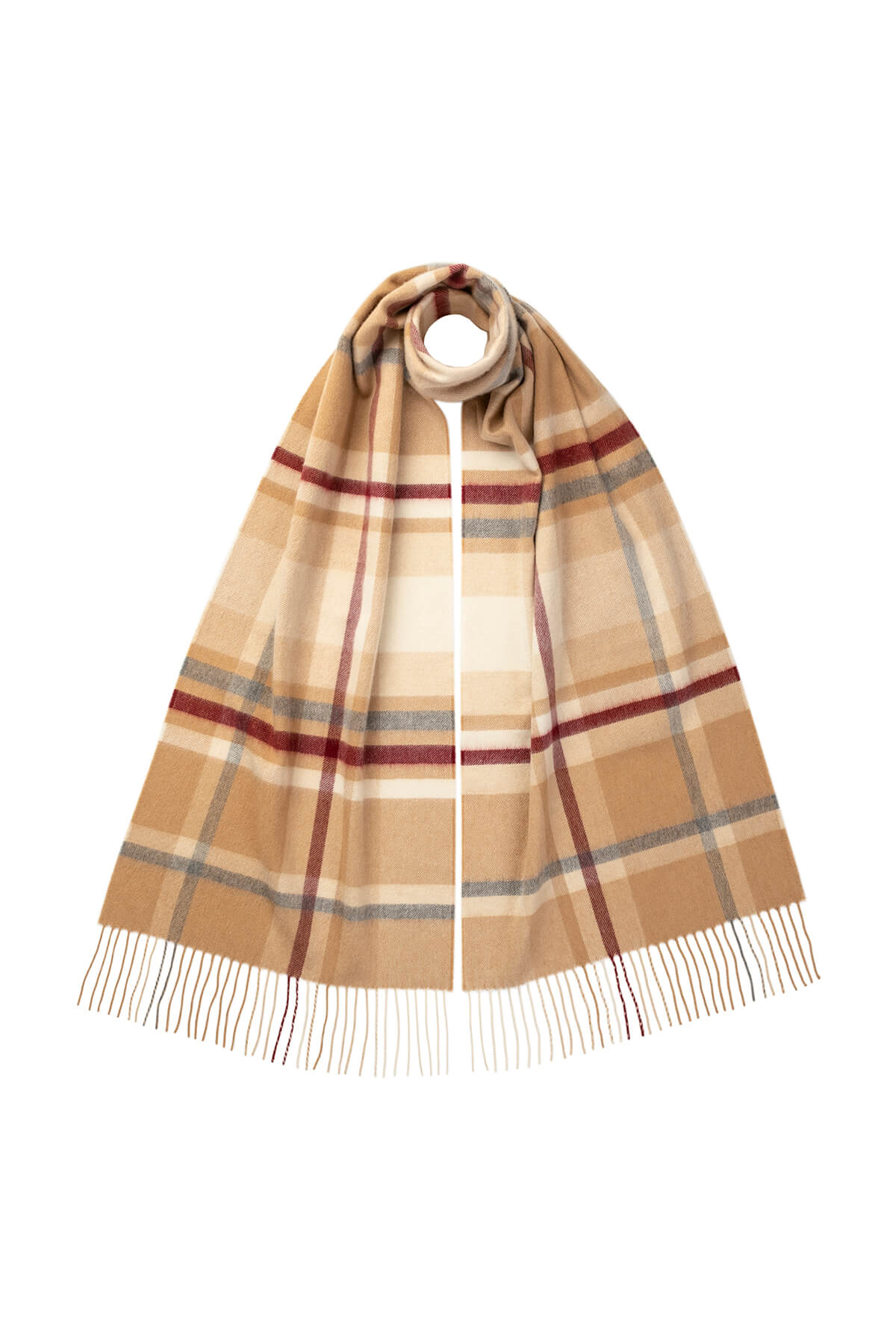 Johnstons of Elgin Cashmere Flannel Check Scarf in Camel on a white background WA000057RU7324ONE