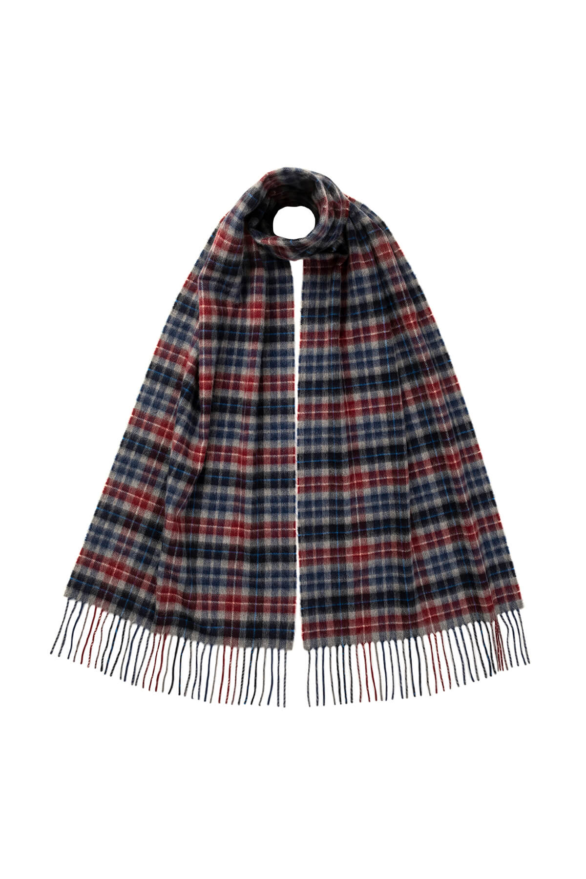 Johnstons of Elgin Small Check Cashmere Scarf in Blue on a white background WA000057RU7329ONE