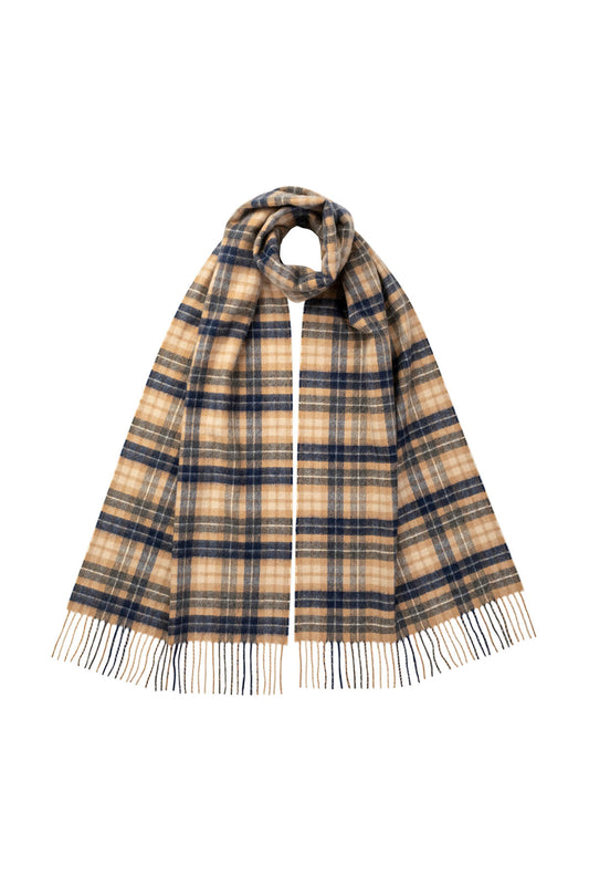 Johnstons of Elgin Small Check Cashmere Scarf in Camel on a white background WA000057RU7330ONE