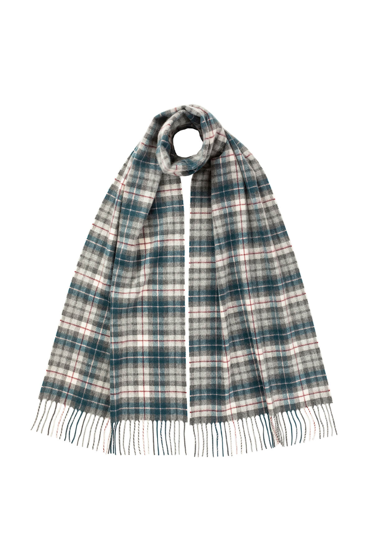 Johnstons of Elgin Small Check Cashmere Scarf in Mallard on a white background WA000057RU7331ONE