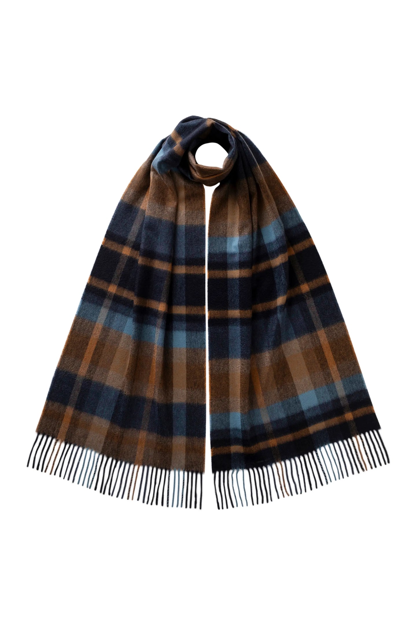Johnstons of Elgin AW25 Woven Accessories Vicuna & Navy Deco Block Check Cashmere Scarf WA000057RU7637ONE