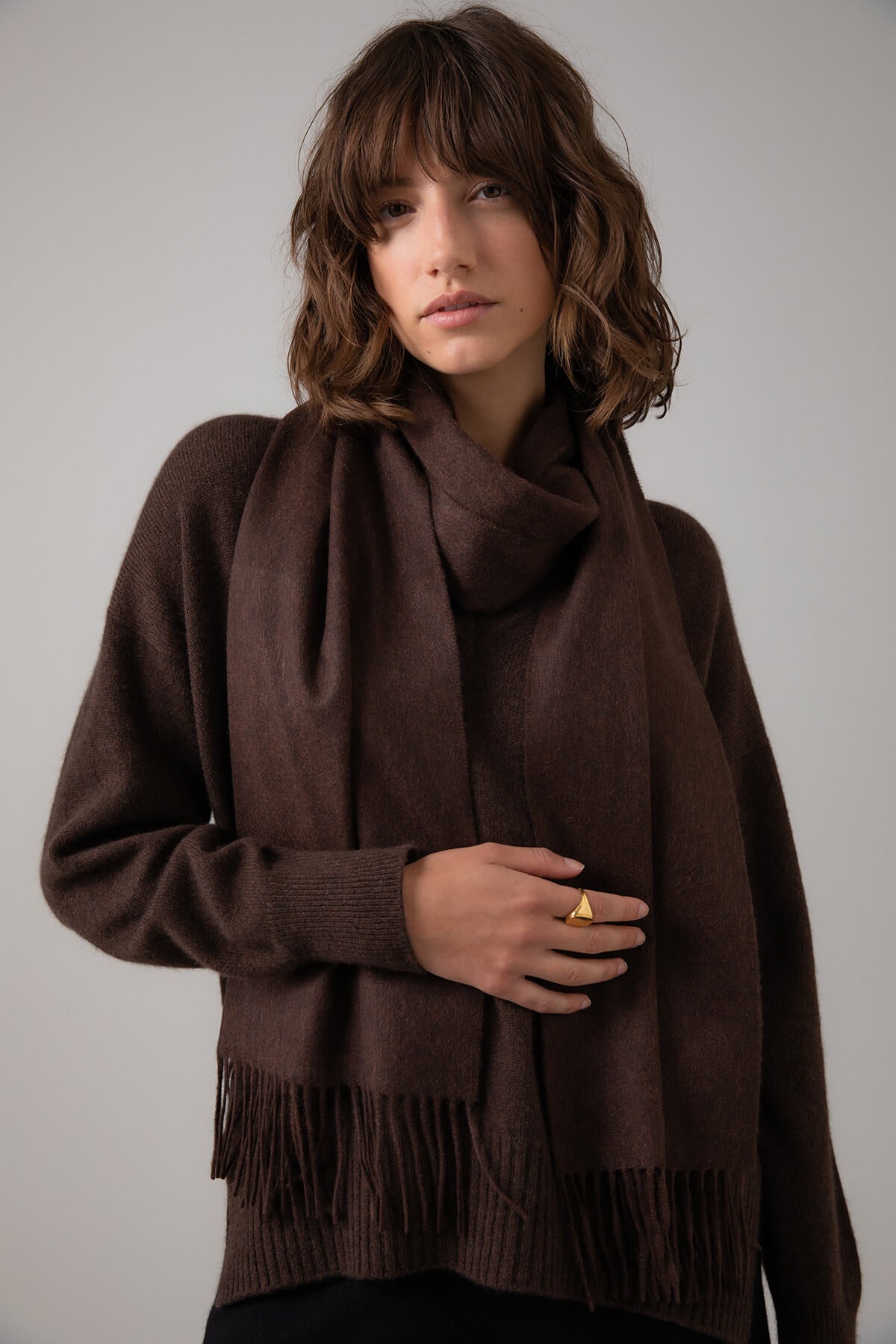 Wide Peat Brown Cashmere Scarf Johnstons of Elgin