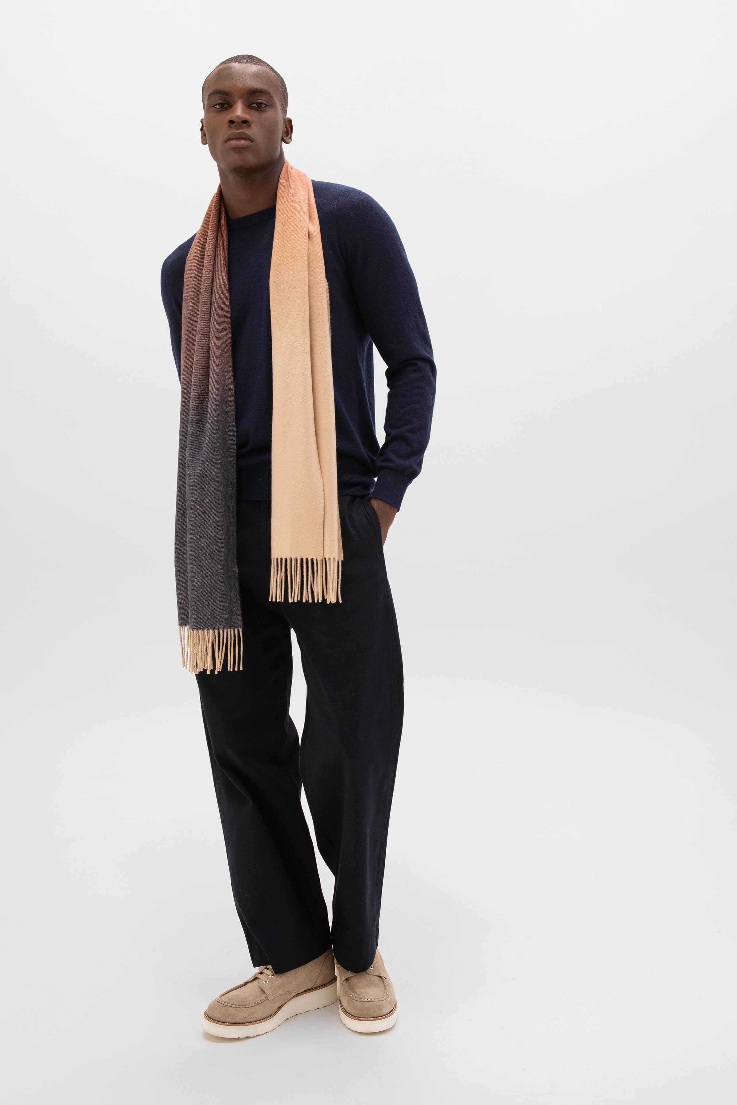 Navy Camel Ombre Cashmere Scarf Johnstons of Elgin