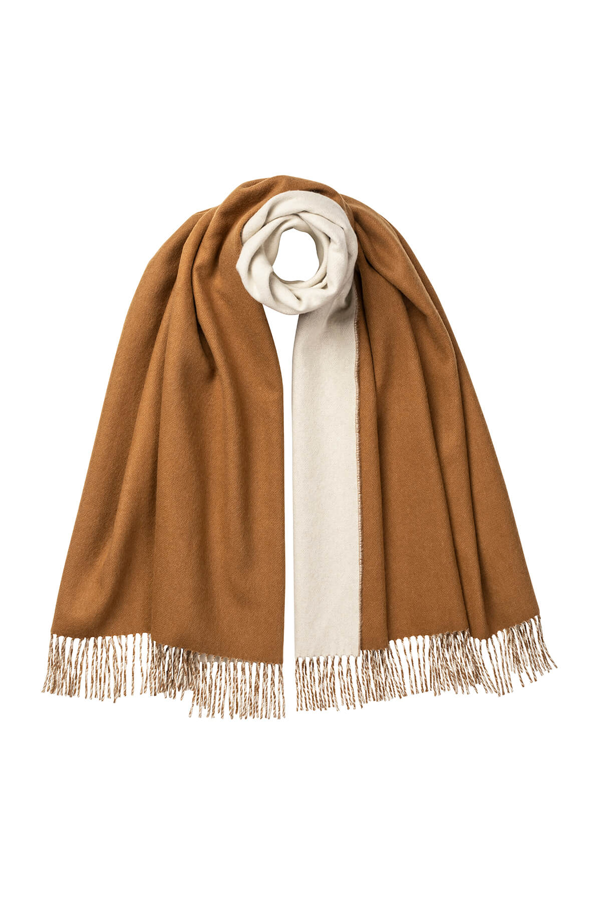 Johnstons of Elgin Reversible Cashmere Stole in Dark Camel on a white background WA000585RU5244ONE