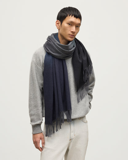 MALE MODEL WEARING JOHNSTONS OF ELGIN UMBRA OMBRE STOLE BLACK & NAVY 100% CASHMERE OVER LIGHT GREY CASHMERE KNITWEAR WA000056RU7302ONE