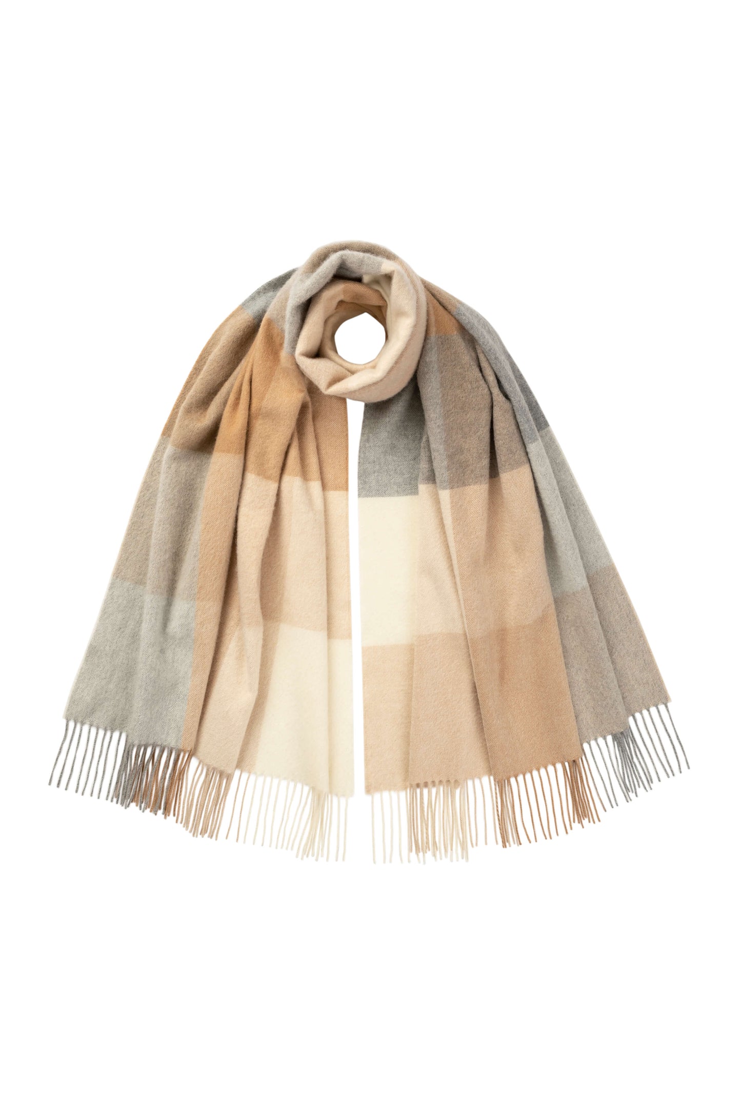 Johnstons of Elgin Block Check Cashmere Stole in Camel on a white background WA000056RU7336ONE