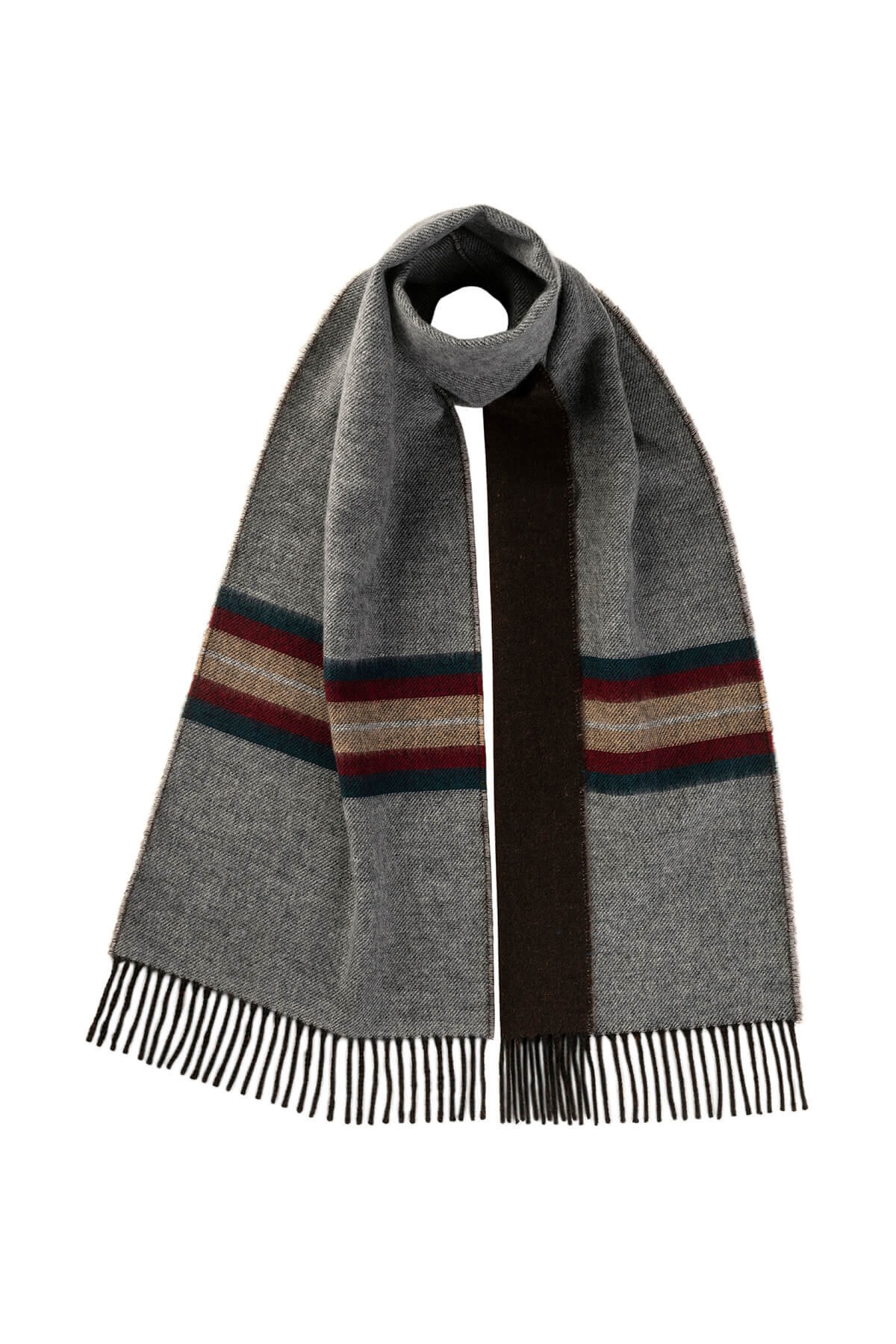 Johnstons of Elgin Reversible Donegal Scarf with Contrast Stripes in Light Grey & Peat on a white background WB002390RU7352ONE