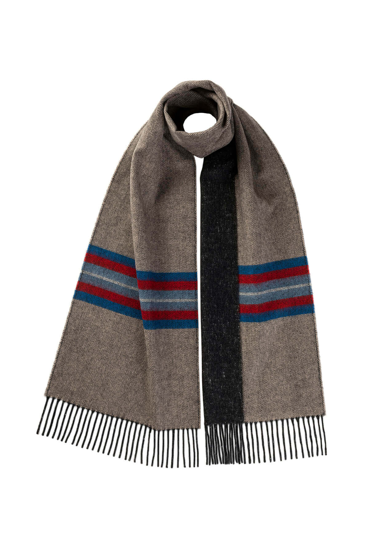 Johnstons of Elgin Reversible Donegal Scarf with Contrast Stripes in Beige & Charcoal on a white background WB002390RU7353ONE