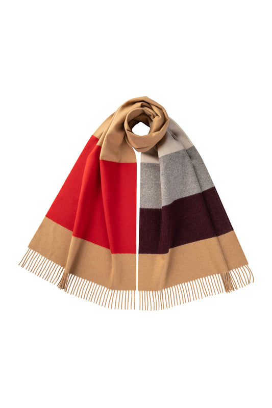 Johnstons of Elgin Wool Blend Block Stripe Scarf in Camel on a white background WB002403RU7333ONE