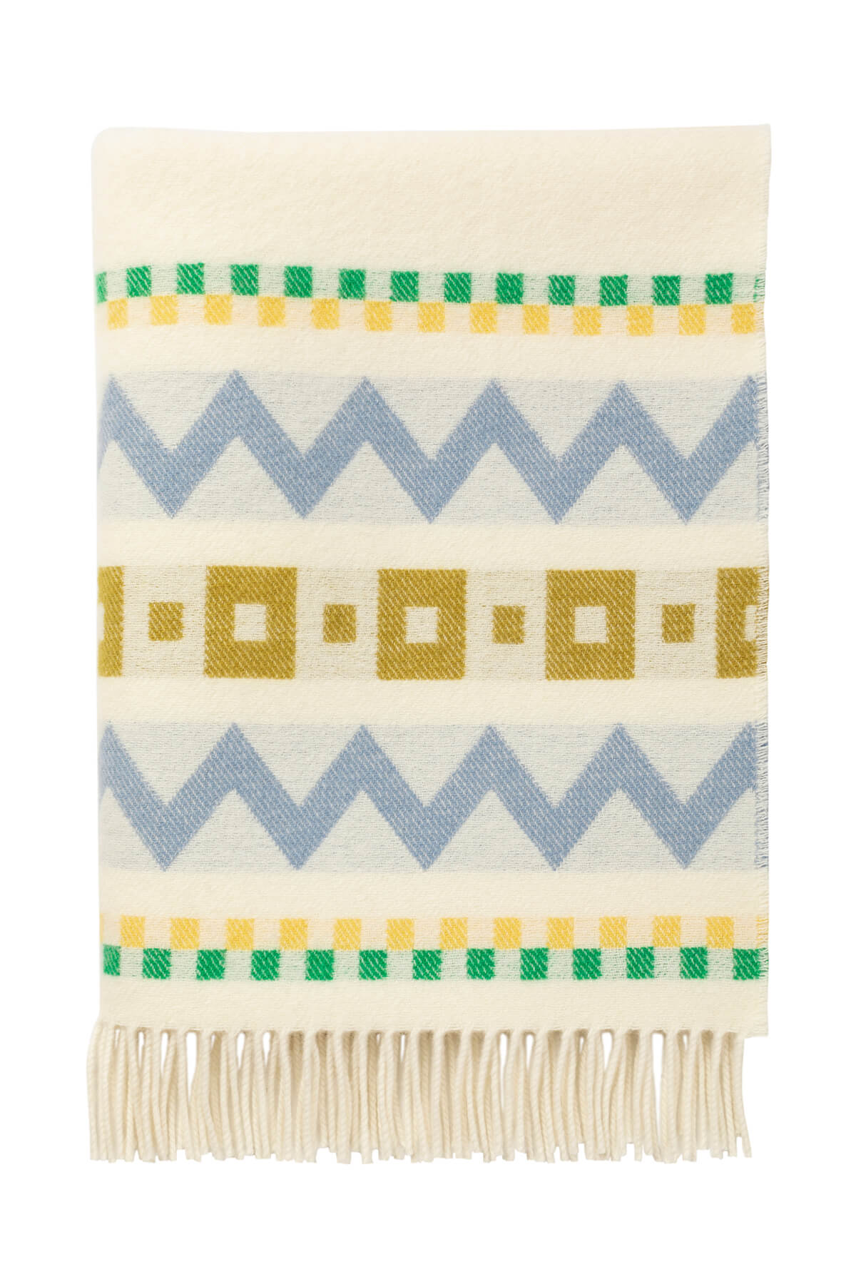 Folded Johnstons of Elgin Children's Zig Zag Blanket in shades of blue, green, and cream on white background WB002334RU7276ONE