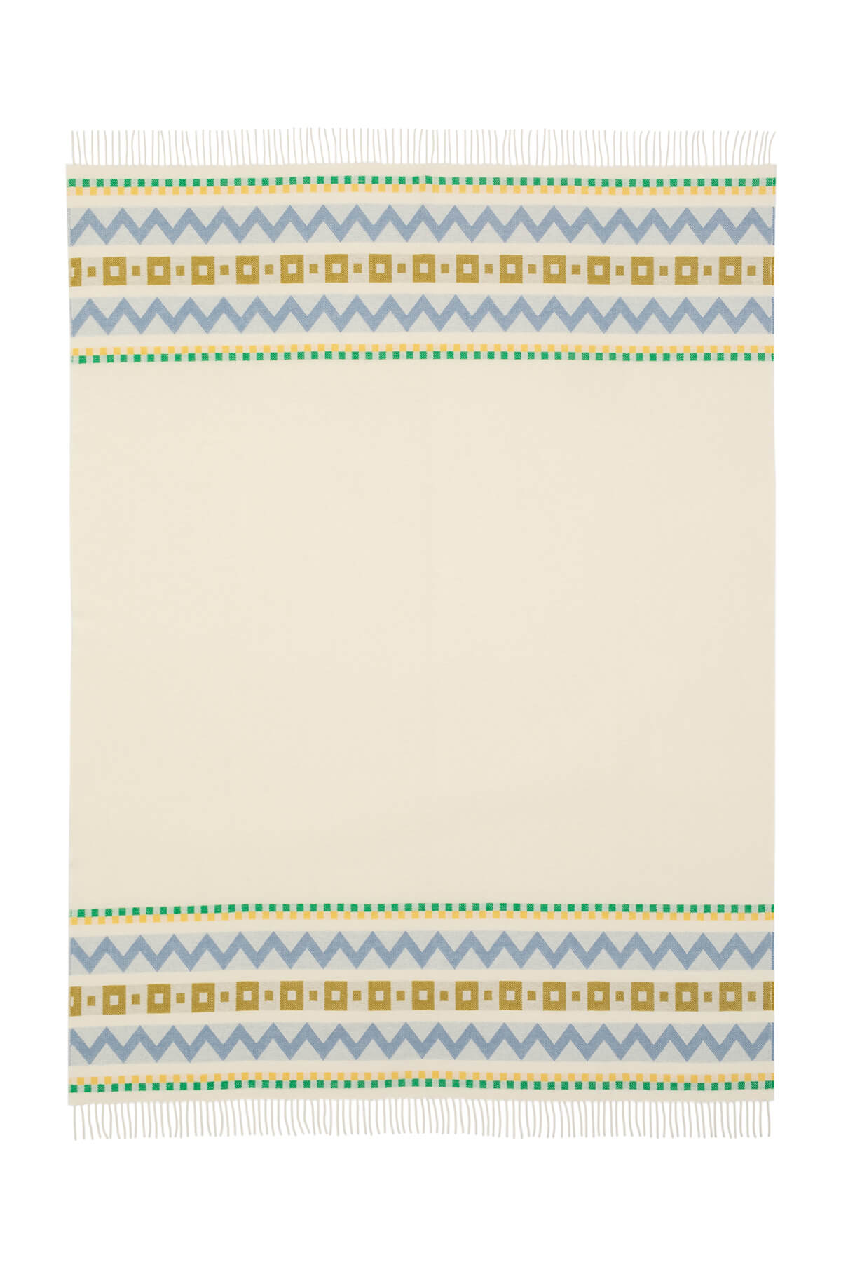 Flat of Johnstons of Elgin Children's Zig Zag Blanket in shades of blue, green, and cream on white background WB002334RU7276ONE