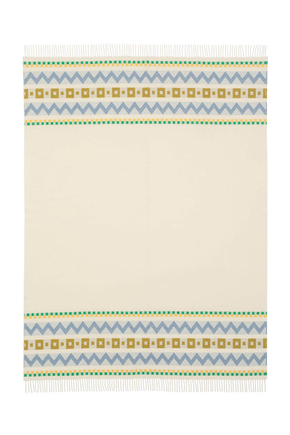 Flat of Johnstons of Elgin Children's Zig Zag Blanket in shades of blue, green, and cream on white background WB002334RU7276ONE