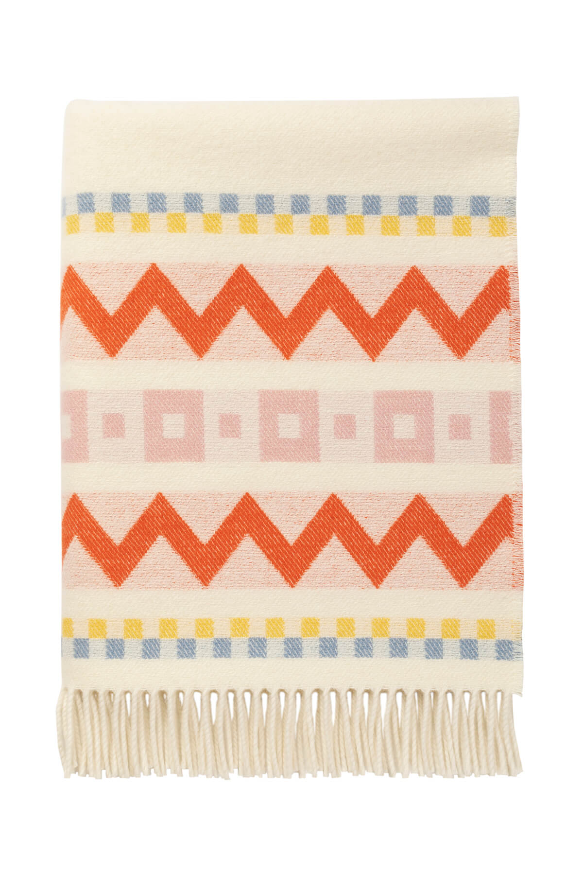 Folded Johnstons of Elgin Children's Zig Zag Blanket in shades of pink, orange, and cream on a white back ground. WB002334RU7277ONE