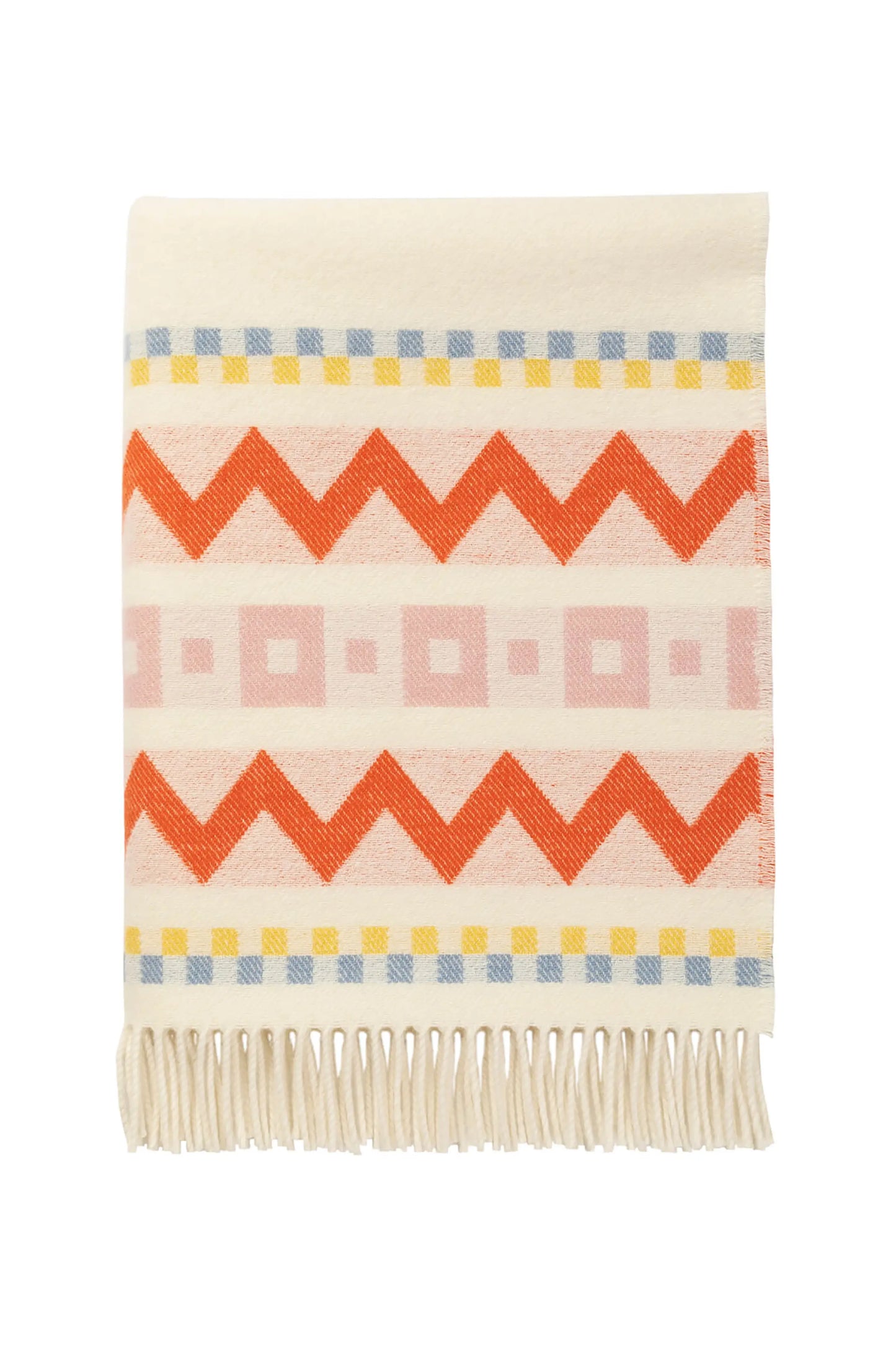 Folded Johnstons of Elgin Children's Zig Zag Blanket in shades of pink, orange, and cream on a white back ground. WB002334RU7277ONE