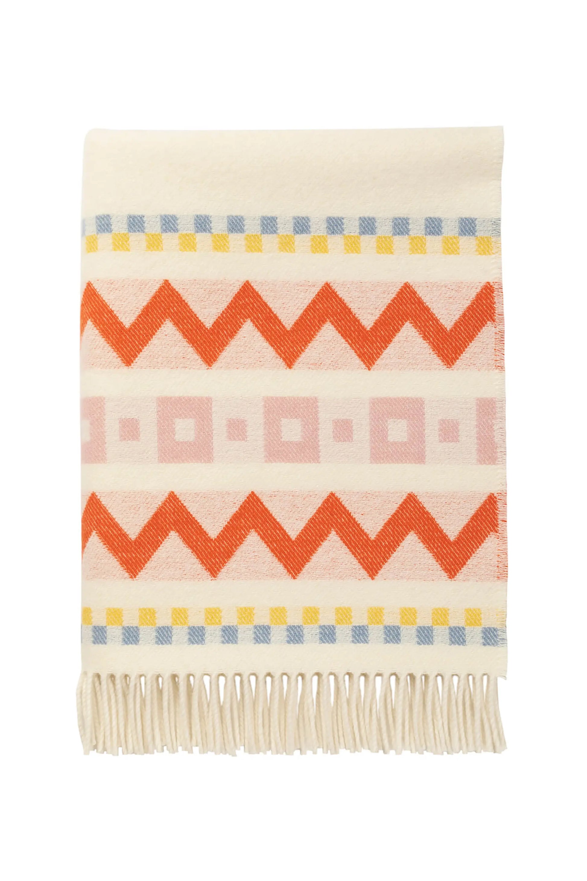 Folded Johnstons of Elgin Children's Zig Zag Blanket in shades of pink, orange, and cream on a white back ground. WB002334RU7277ONE