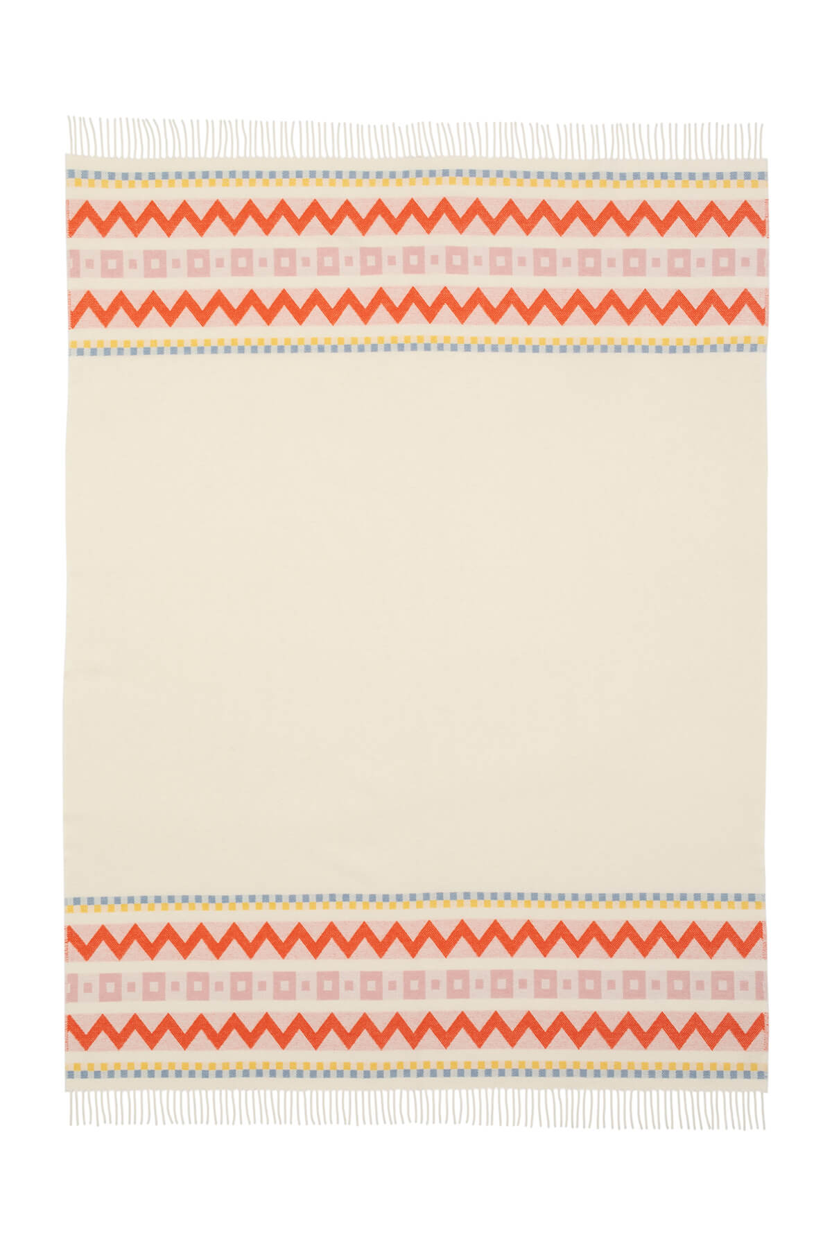 Flat Lay of  Johnstons of Elgin Children's Zig Zag Blanket in shades of pink, orange, and cream on a white back ground. WB002334RU7277ONE