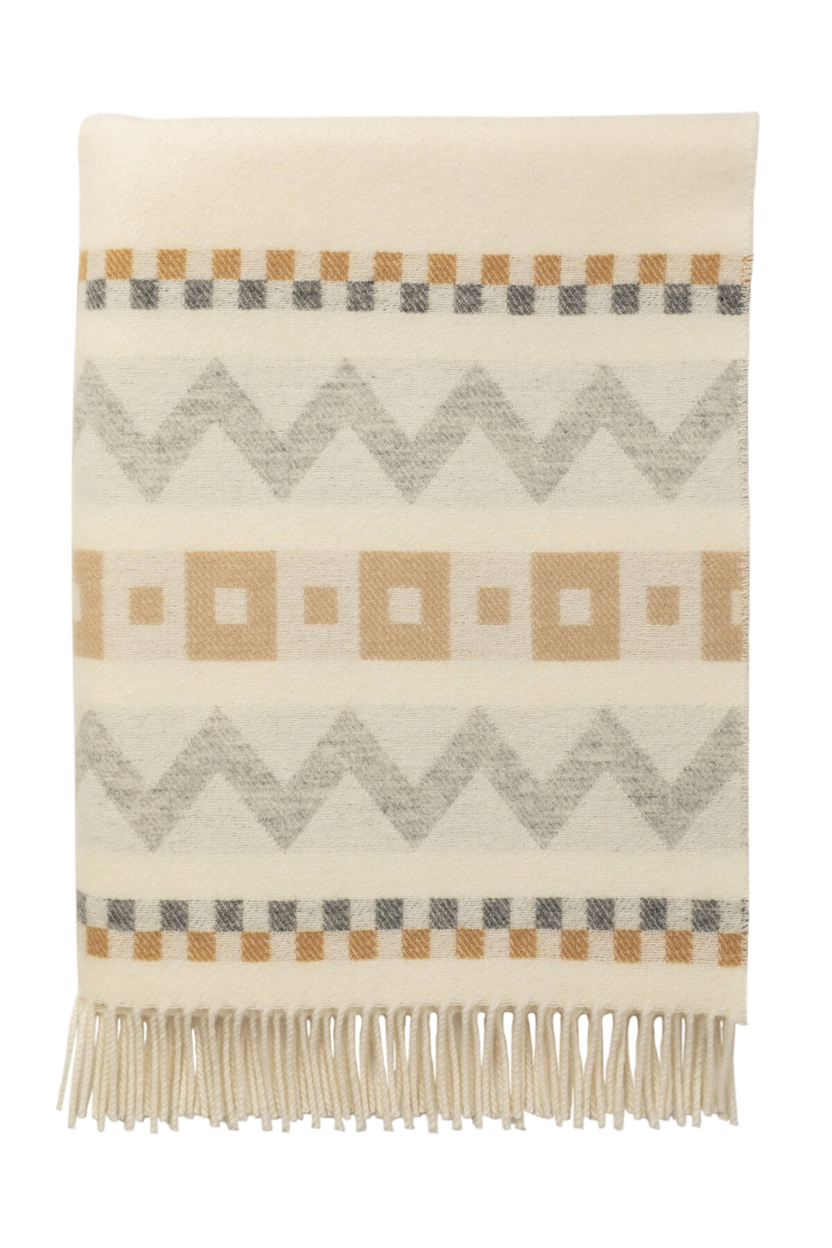 Folded Johnstons of Elgin Children's Zig Zag Blanket in shades of grey, camel, and cream on a white back ground. WB002334RU7278ONE