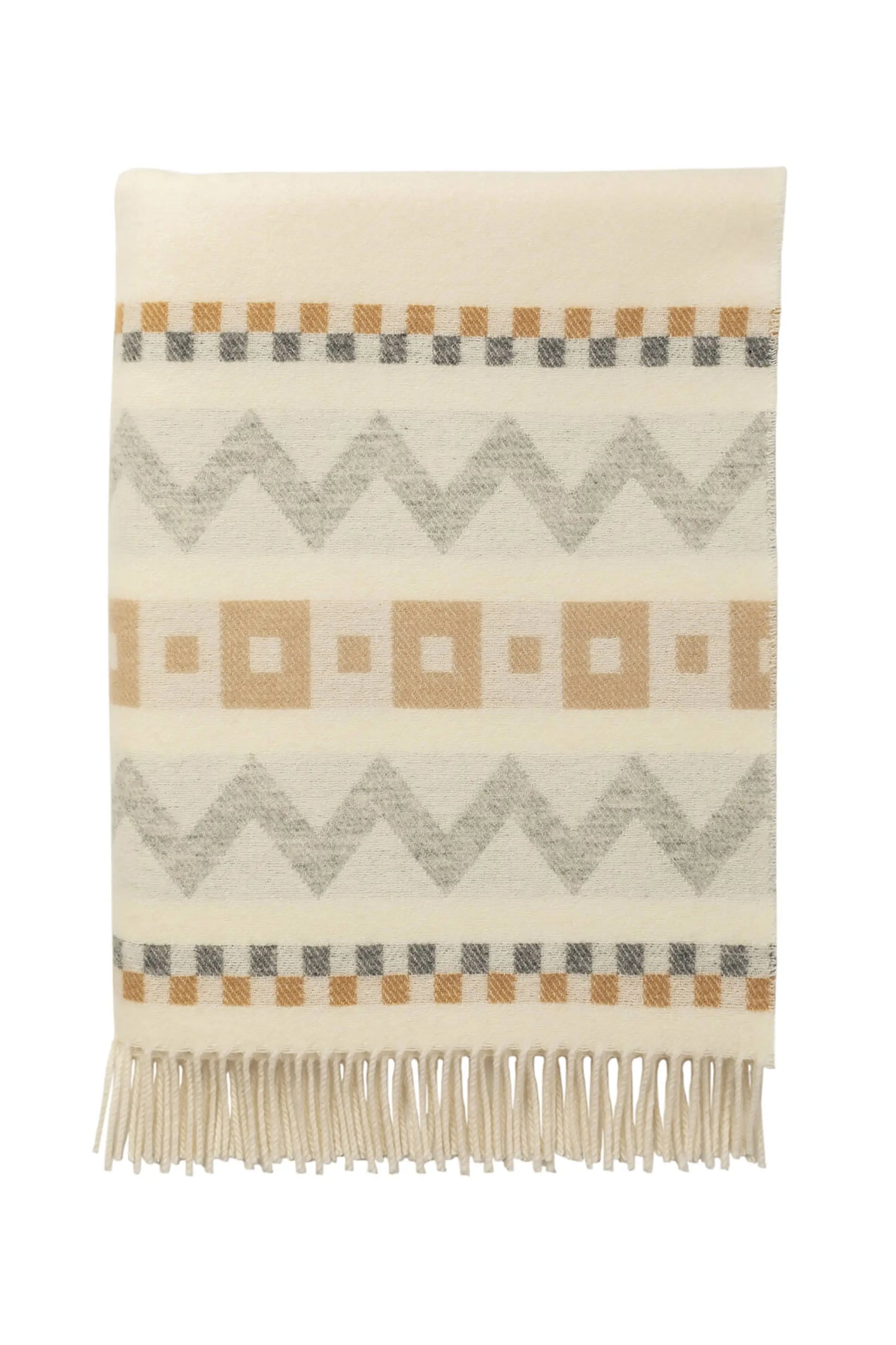 Folded Johnstons of Elgin Children's Zig Zag Blanket in shades of grey, camel, and cream on a white back ground. WB002334RU7278ONE