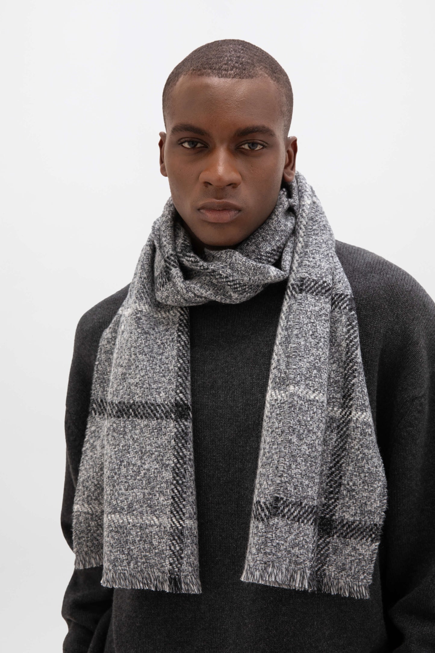 Johnstons of Elgin AW24 Woven Accessory Grey Mix Cashmere & Wool Check Scarf WB002611RU7519ONE