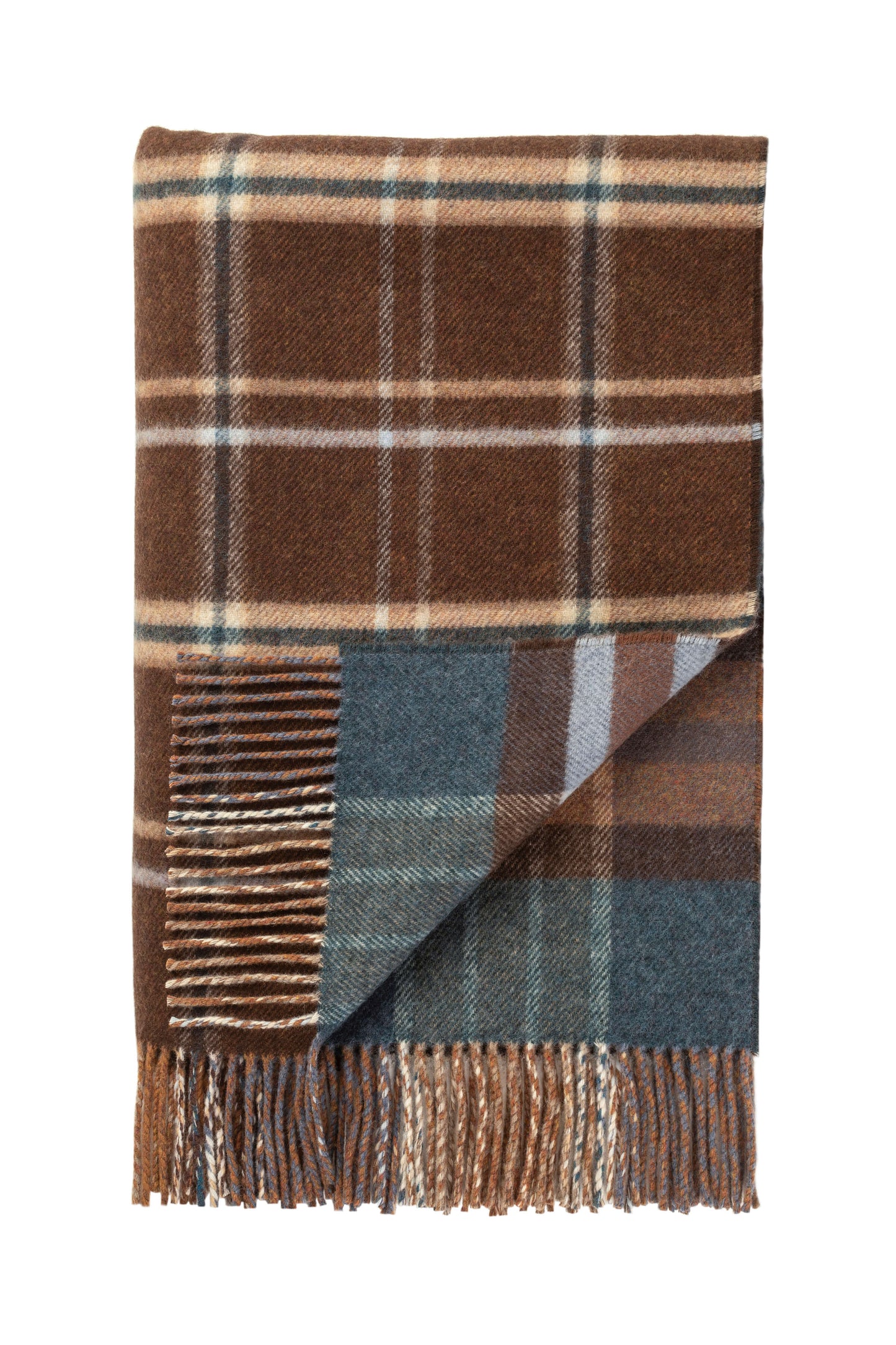Johnstons of Elgin 2024 Blanket Collection Heather Blue Check & Brown Windowpane Double Face Lambswool Throw WD000021RU7427ONE