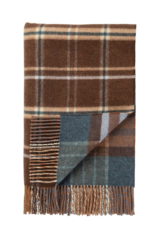 Johnstons of Elgin 2024 Blanket Collection Heather Blue Check & Brown Windowpane Double Face Lambswool Throw WD000021RU7427ONE