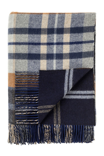 Johnstons of Elgin House Check in navy and camel Double Face Lambswool Throw on a white background  WD000021RU6953ONE