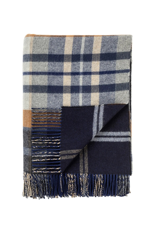 Johnstons of Elgin House Check in navy and camel Double Face Lambswool Throw on a white background  WD000021RU6953ONE