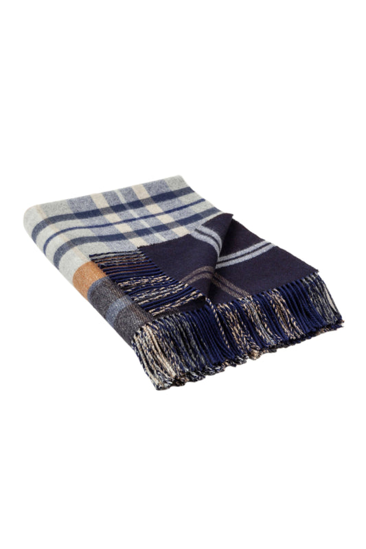 Johnstons of Elgin House Check in navy and camel Double Face Lambswool Throw on a white background  WD000021RU6953ONE