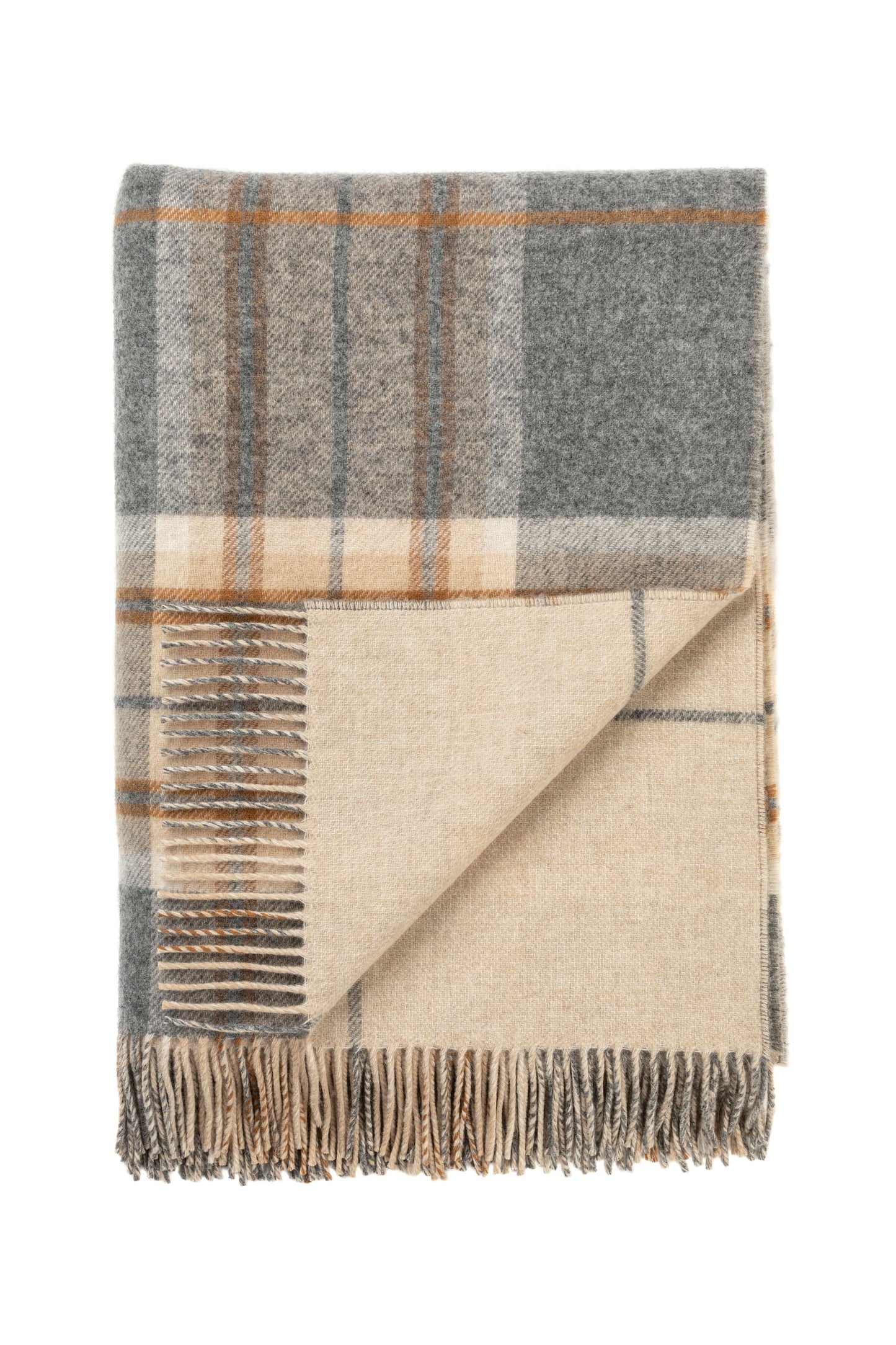 Johnstons of Elgin Blanket Collection Grey & Brown Overcheck Double Face Lambswool Throw WD000021RU6954ONE