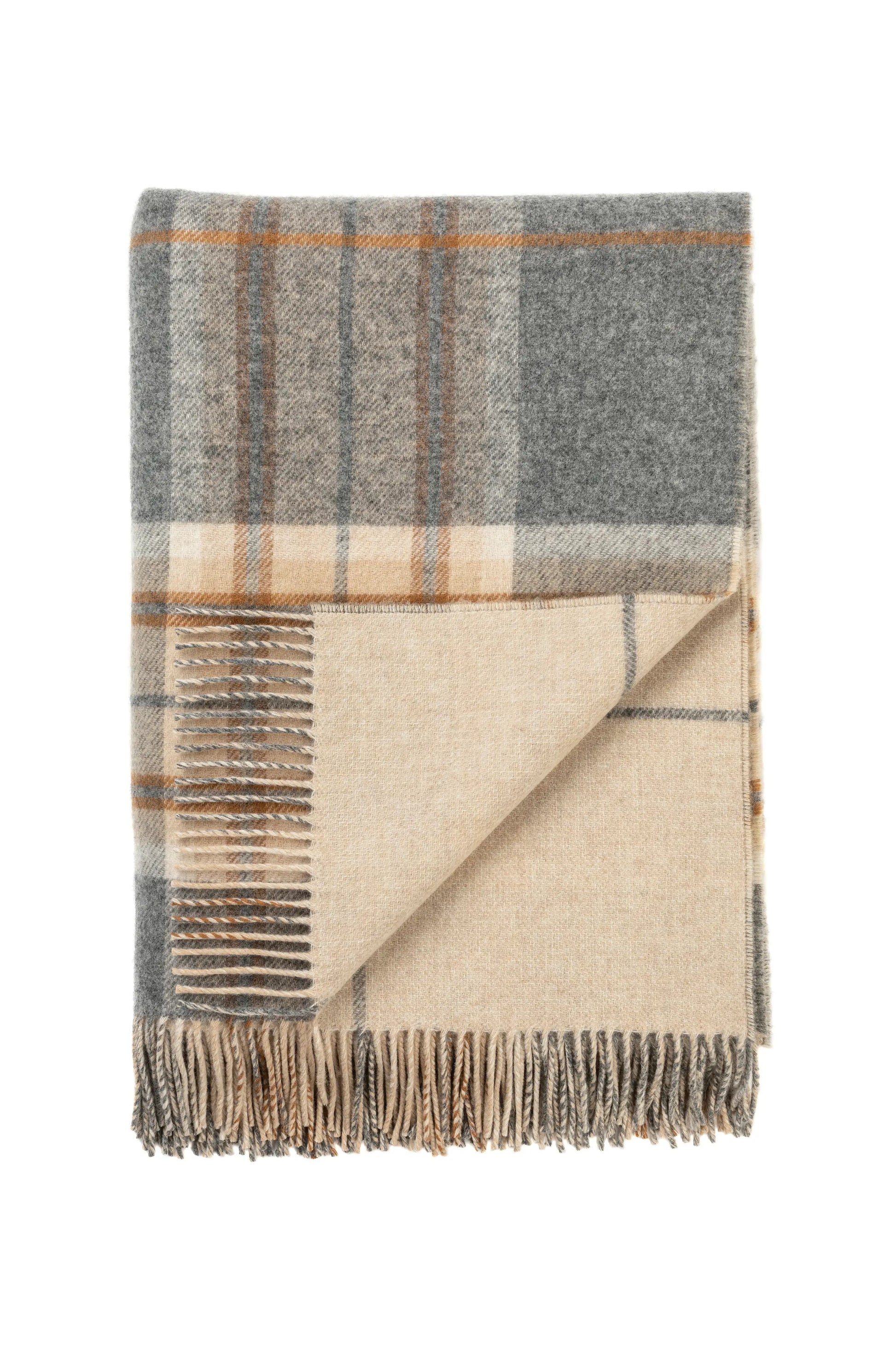 2025 Johnstons of Elgin Interiors Collection Grey & Brown Overcheck Reversible Lambswool Throw on a white background  WD000021RU6954ONE