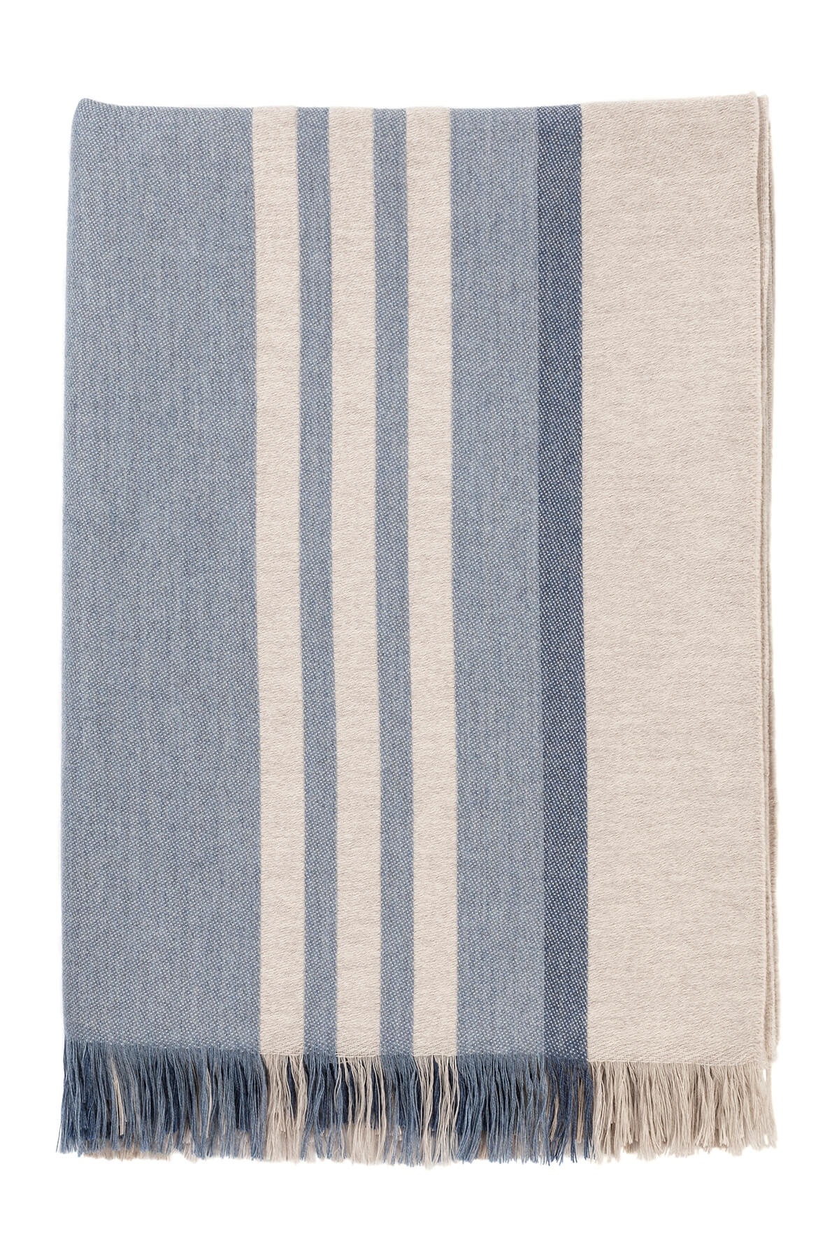 Johnstons of Elgin’s Bold Stripe Blue Merino Throw on a white background WD000257RU6993ONE