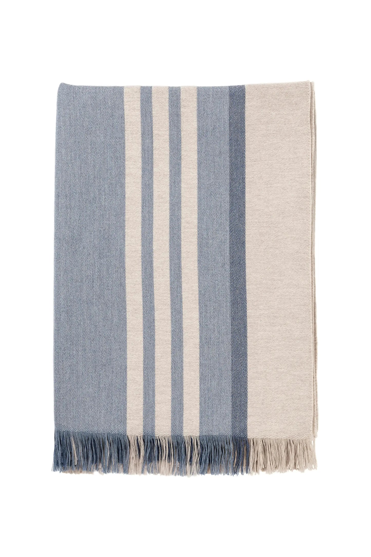 Johnstons of Elgin’s Bold Stripe Blue Merino Throw on a white background WD000257RU6993ONE