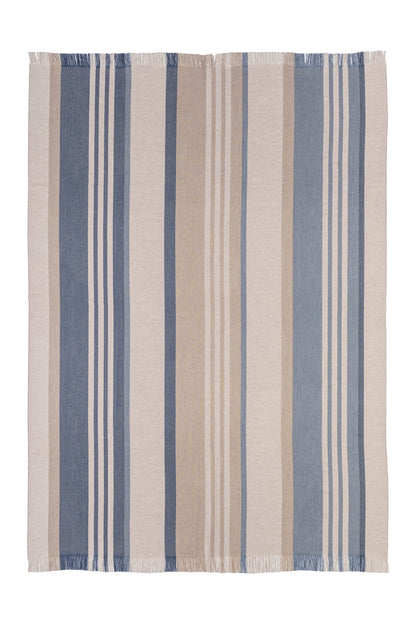 Johnstons of Elgin’s Bold Stripe Blue Merino Throw on a white background WD000257RU6993ONE