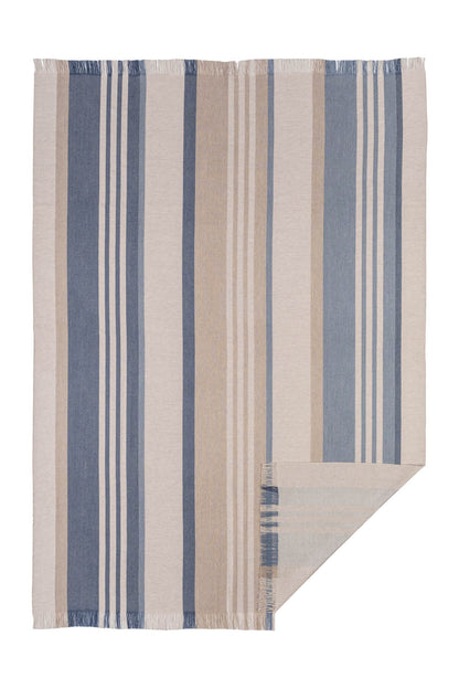 Johnstons of Elgin’s Bold Stripe Blue Merino Throw on a white background WD000257RU6993ONE