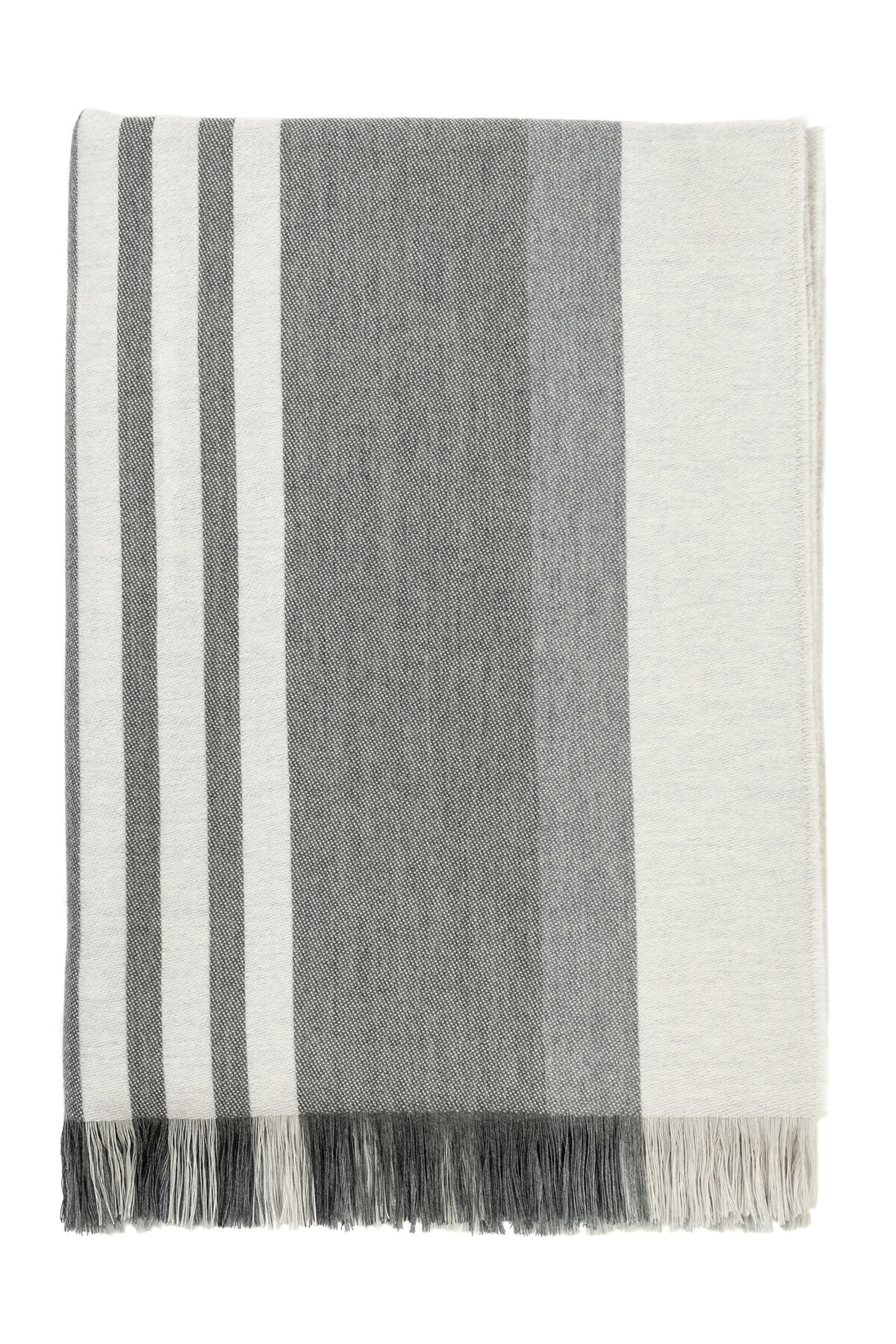 Johnstons of Elgin’s Bold Stripe Grey Merino Throw on brown chair on a white background WD000257RU6994ONE